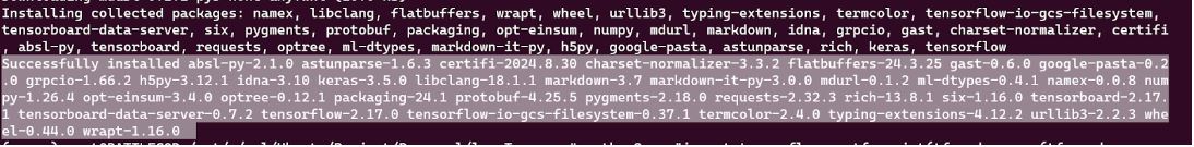 Terminal output showing pip successfully installed TensorFlow along with its dependencies such as keras, numpy and tensorboard