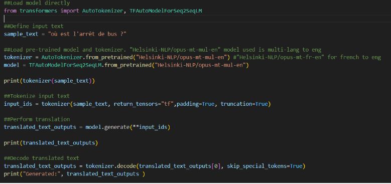 Python code loading the Helsinki-NLP/opus-mt-mul-en tokenizer and TFAutoModelForSeq2SeqLM, tokenizing a French sample text and generating and decoding a translation