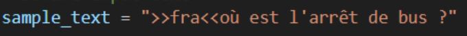 Python code line prepending the source language token >>fra<< to the French sample text