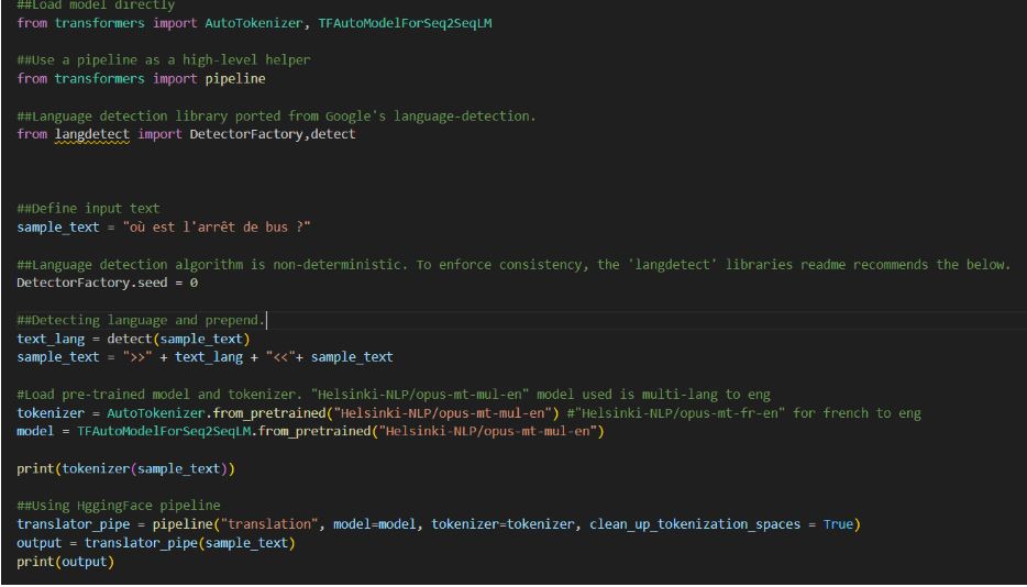 Python code using langdetect to detect the input language, prepending the language token to the sample text and translating it with a HuggingFace translation pipeline