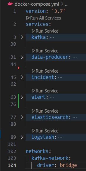VS Code showing docker-compose.yml with collapsed service definitions for kafka, data-producer, incident, alert, elasticsearch and logstash, and a kafka-network bridge network